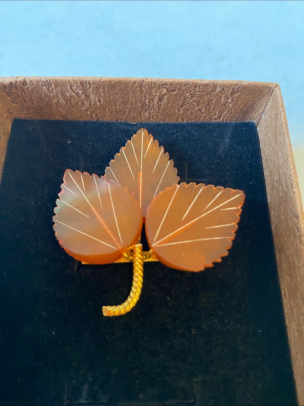 Russian Baltic Honey-Orange Amber leaves gold brooch